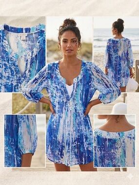 Soft Surroundings Blue Abstract Swim Coverup – Embellished‎ Beaded Tunic size M